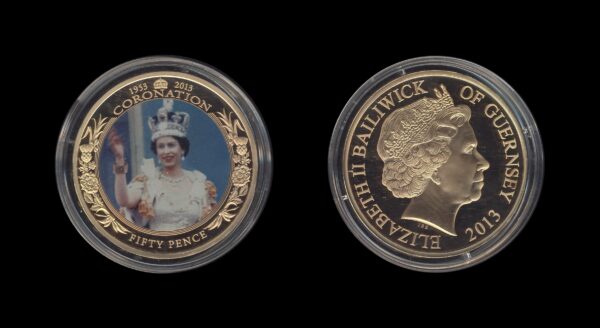 Guernsey 50 Pence 2013 – 60th Anniversary of Coronation – Queen in White Dress – Queen Elizabeth II