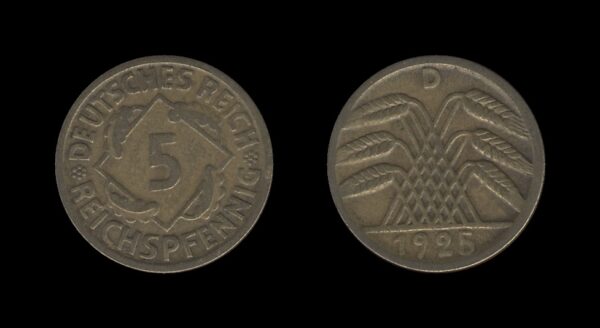 Njemačka Gemrany Weimar Republic 5 Reichspfennig 1925 D