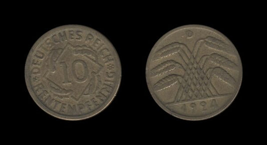 Njemačka Gemrany Weimar Republic 10 Rentenpfennig 1924 D