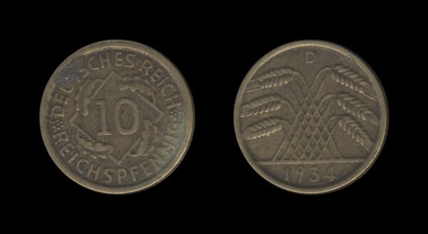 Njemačka Gemrany Weimar Republic 10 Reichspfennig 1934 D