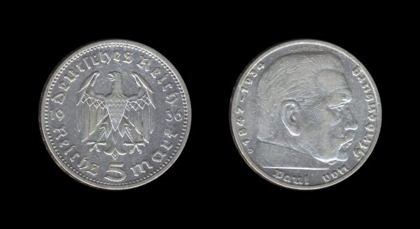 Njemačka Germany 3. Reich 5 Reichsmark 1936 D – Paul von Hindenburg