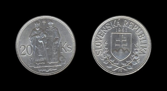 Slovakia Slovačka 20 Korun 1941 – St. Cyril and St. Methodius Srebrnjak XF