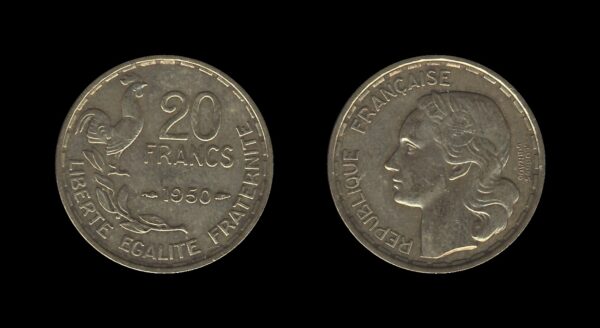 France Francuska 20 Francs 1950 (signature GEORGES GUIRAUD, 3 feathers)