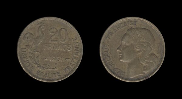 France Francuska 20 Francs 1950 B (signature GEORGES GUIRAUD, 3 feathers)