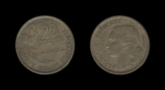 France Francuska 20 Francs 1950 (signature G GUIRAUD, 4 feathers)