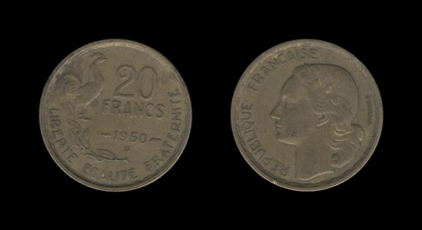 France Francuska 20 Francs 1950 B (signature G GUIRAUD, 4 feathers)