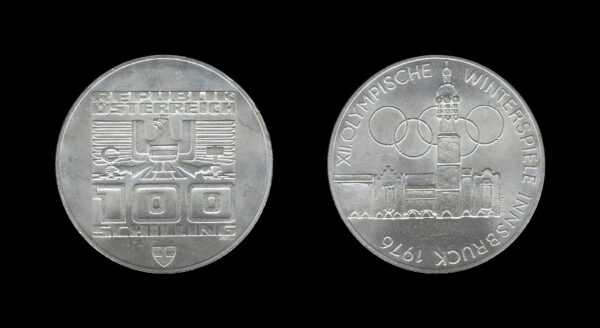 Austria Austrija 100 Schilling 1975 – XII Winter Olympics 1976 (Vienna mint) Srebrnjak