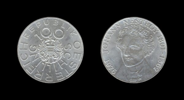 Austria Austrija 100 Schilling 1976 – Johann Nestroy Srebrnjak