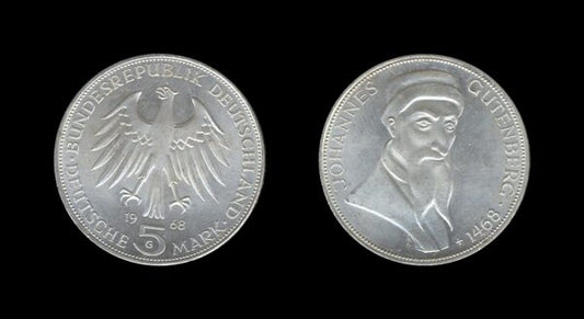 Germany Njemačka 5 Mark 1968 – Johannes Gutenberg