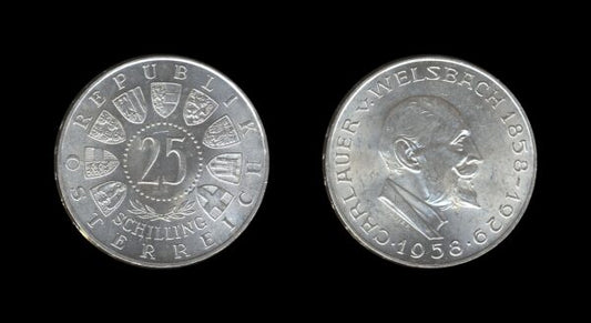 Austria Austrija 25 Schilling 1958 – Auer von Welsbach Srebrnjak