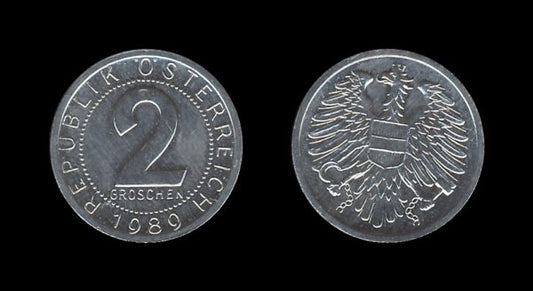 Austria Austrija 2 Groschen 1989