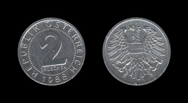 Austria Austrija 2 Groschen 1988