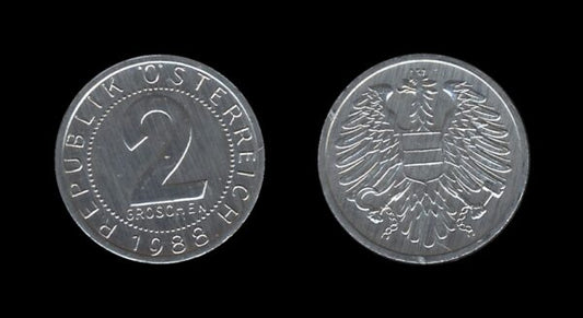 Austria Austrija 2 Groschen 1988