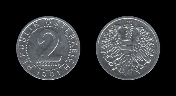 Austria Austrija 2 Groschen 1991