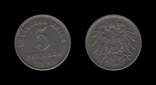 Germany Njemačka 5 Pfennig 1922 F – Wilhelm II