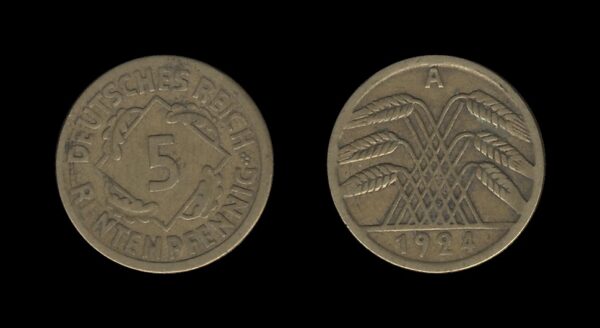 Germany Njemačka Weimar Republic 5 Rentenpfennig 1924 A