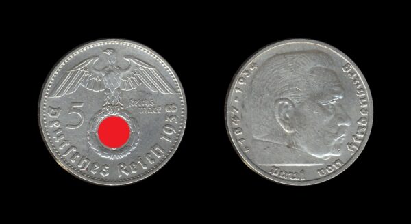 Germany Njemačka 3. Reich 5 Reichsmark 1938 D – Paul von Hindenburg