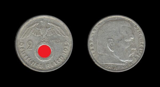 Germany Njemačka 3. Reich 2 Reichsmark 1937 F – Paul von Hindenburg