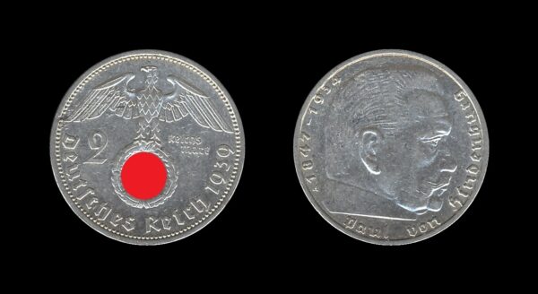 Germany Njemačka 3. Reich 2 Reichsmark 1939 A – Paul von Hindenburg