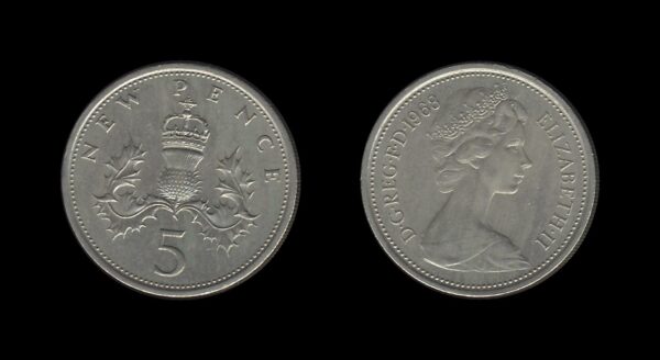 United Kingdom Velika Britanija 5 New Pence 1968 – Elizabeth II