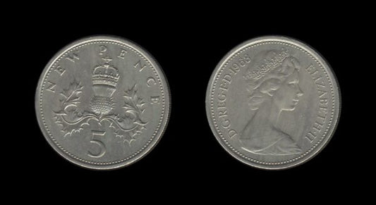 United Kingdom Velika Britanija 5 New Pence 1968 – Elizabeth II