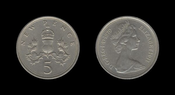 United Kingdom Velika Britanija 5 New Pence 1970 – Elizabeth II