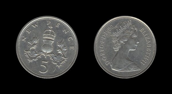 United Kingdom Velika Britanija 5 New Pence 1980 – Elizabeth II