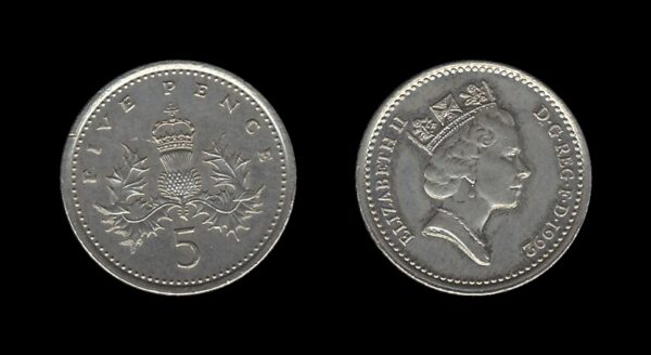 United Kingdom Velika Britanija 5 Pence 1992 – Elizabeth II