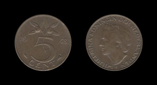 Netherlands Nizozemska 5 Cents 1948 – Wilhelmina