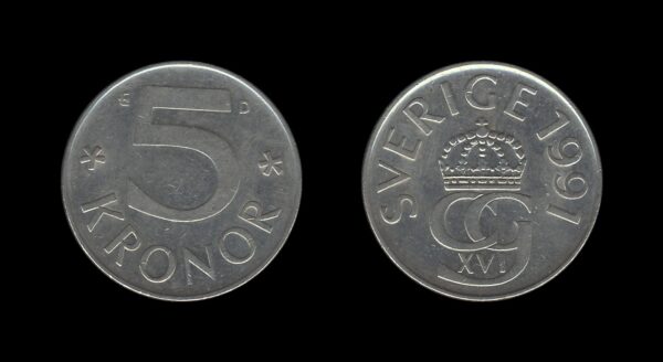 Sweden Švedska 5 Kronor 1991 – Carl XVI Gustaf