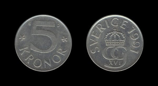 Sweden Švedska 5 Kronor 1991 – Carl XVI Gustaf