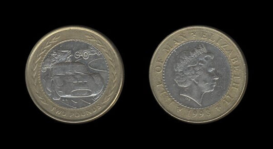 Isle of Man 2 Pounds 1998 – Three race cars – Elizabeth II