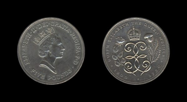 United Kingdom Velika Britanija 5 Pounds 1990 – Queen Mother – Elizabeth II