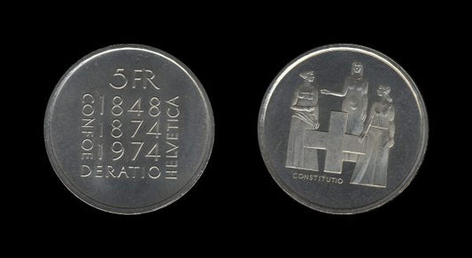 Switzerland Švicarska 5 Francs 1974 – Revision of the Constitution